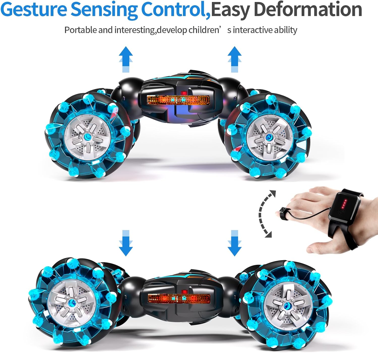 Deejoy 1:12 RC Stunt Car, 2.4GHz 4WD Remote Control Gesture Sensor Toy Cars, Double Sided Rotating Off Road Vehicle 360° Flips with Lights Music, for Boys & Girls Birthday - Image 2