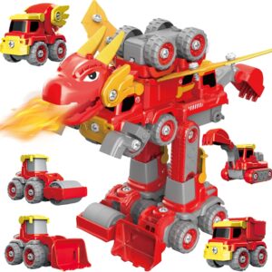 CREAMKIDS Take Apart Engineering Car Playset, 5 in 1 Robot Toys Construction Vehicles,Transform into Pterosaur Robot STEM Building Toy, Birthday for 3+ Boys Girls Toddler