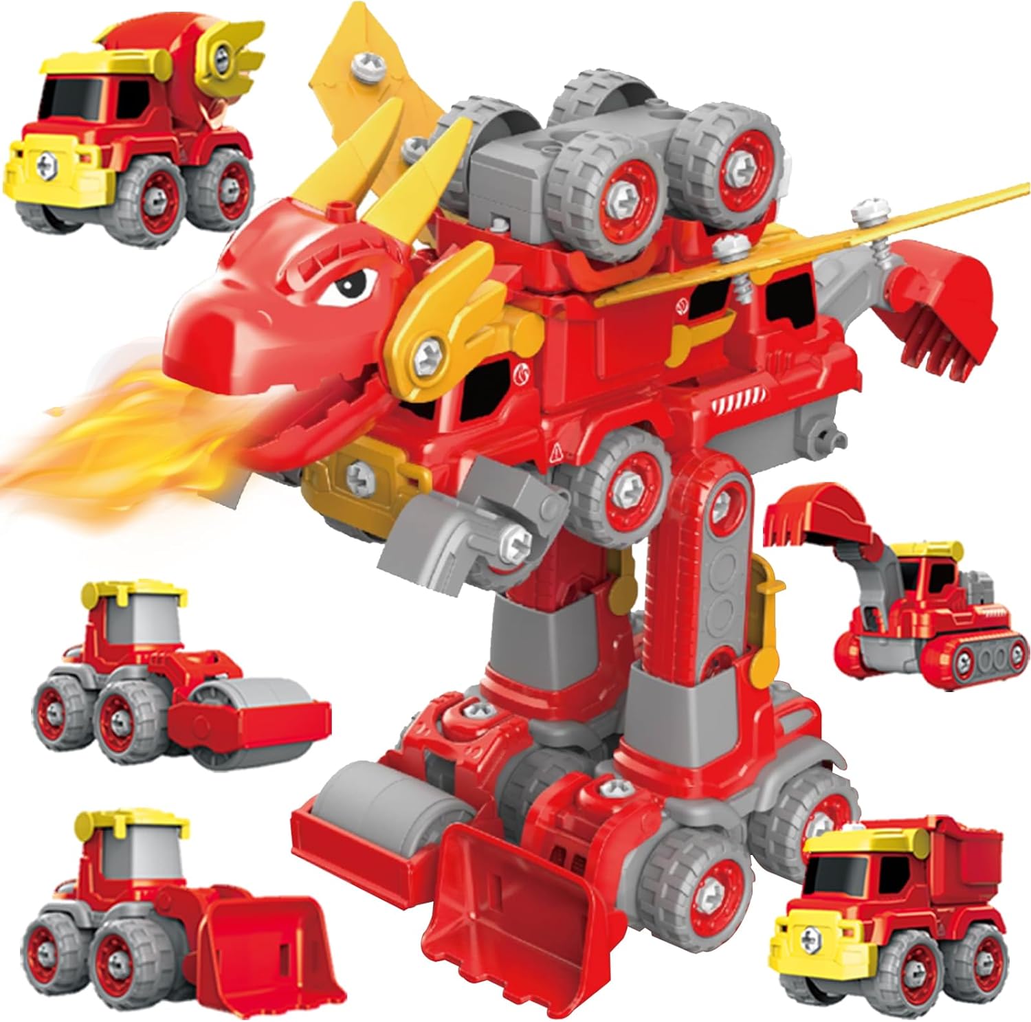 CREAMKIDS Take Apart Engineering Car Playset, 5 in 1 Robot Toys Construction Vehicles,Transform into Pterosaur Robot STEM Building Toy, Birthday for 3+ Boys Girls Toddler