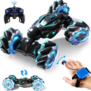 Deejoy 1:12 RC Stunt Car, 2.4GHz 4WD Remote Control Gesture Sensor Toy Cars, Double Sided Rotating Off Road Vehicle 360° Flips with Lights Music, for Boys & Girls Birthday