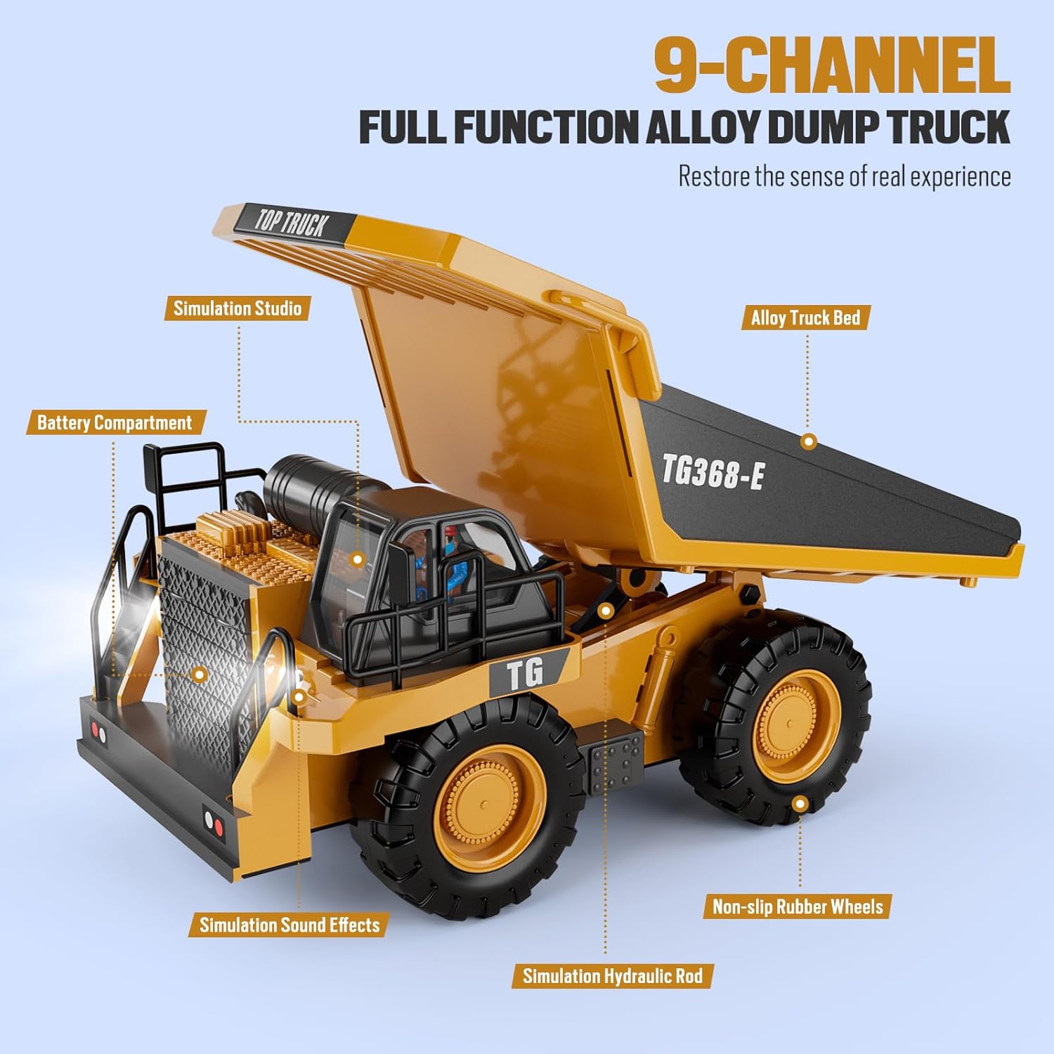 RC Dump Truck Toy, 9-Channel Remote Control Toy with Metal Bed & Light, Rechargeable Battery, Kids Construction Vehicle Truck Toys for 3+ Boys, Perfect 2024 Kid Birthday Gift for Ages 3-12+ - Image 2