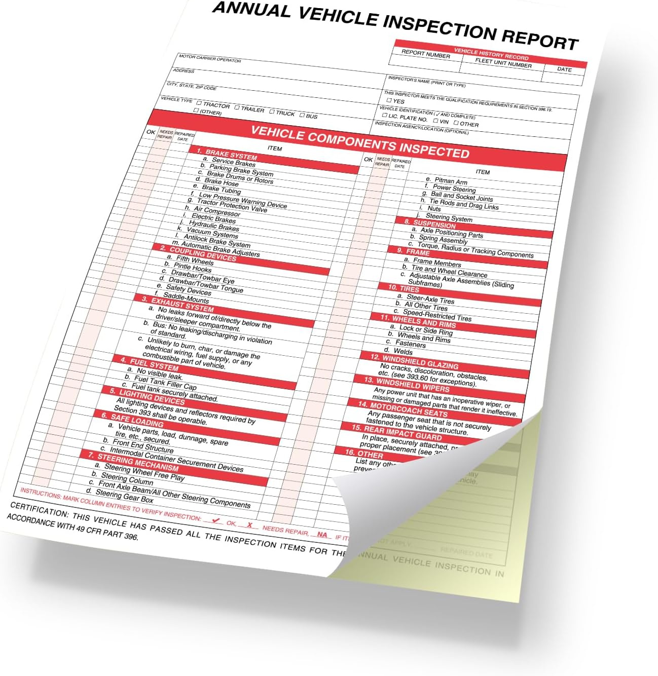 Annual Vehicle Inspection Report Form 25-pk 3-Ply Carbonless, 8.5" x 11.75" + 2-Ply Vinyl with Mylar Laminate Label 5" x 4" - Image 2