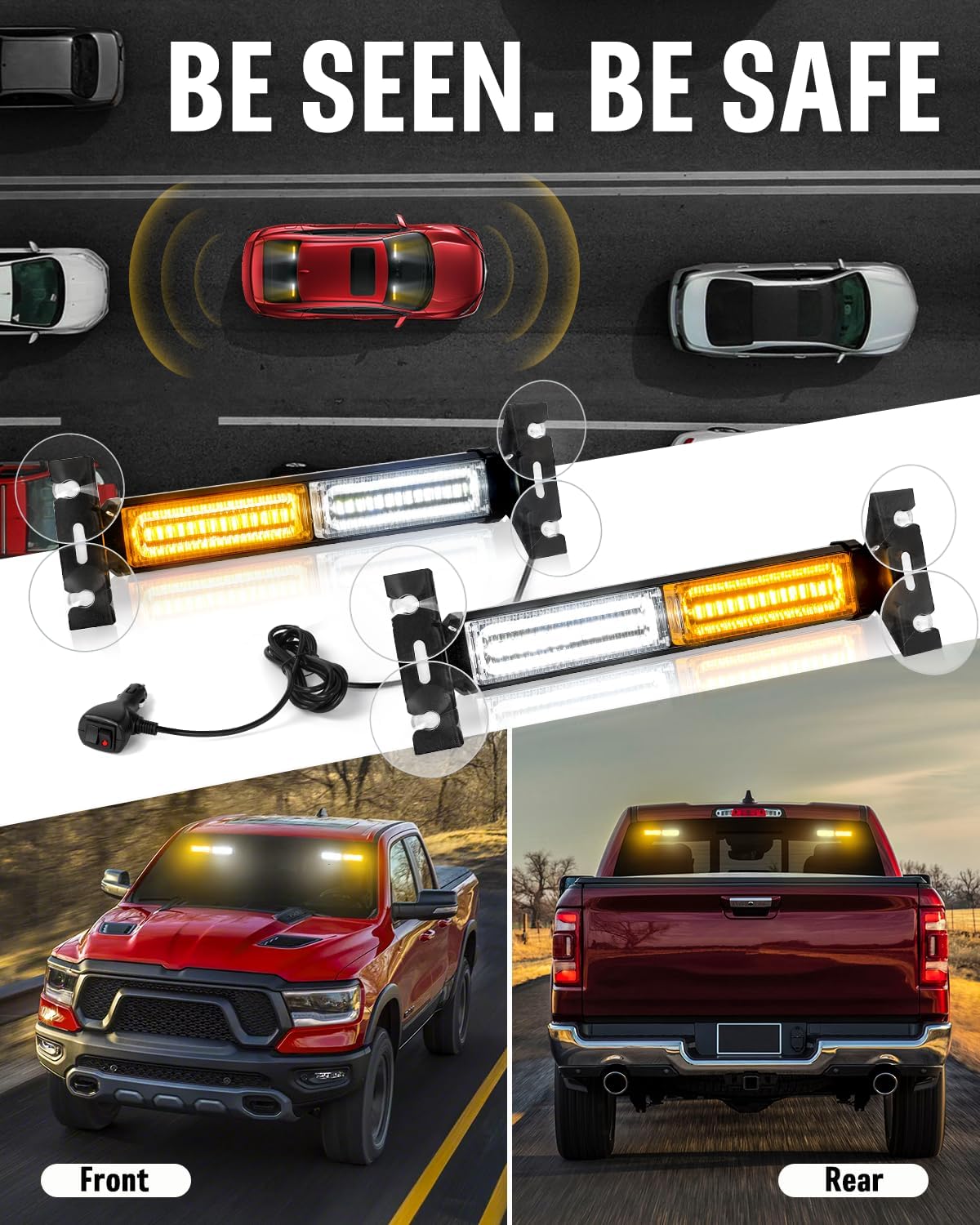 HLauto 1002L Emergency Strobe Traffic Advisor Light Bar: 40 LED Dash Safety Warning Flashing Light, Front/Rear Windshield Visor Light for Construction Vehicle, Tow/Plow Truck (2x10.7inch, Amber White) - Image 3