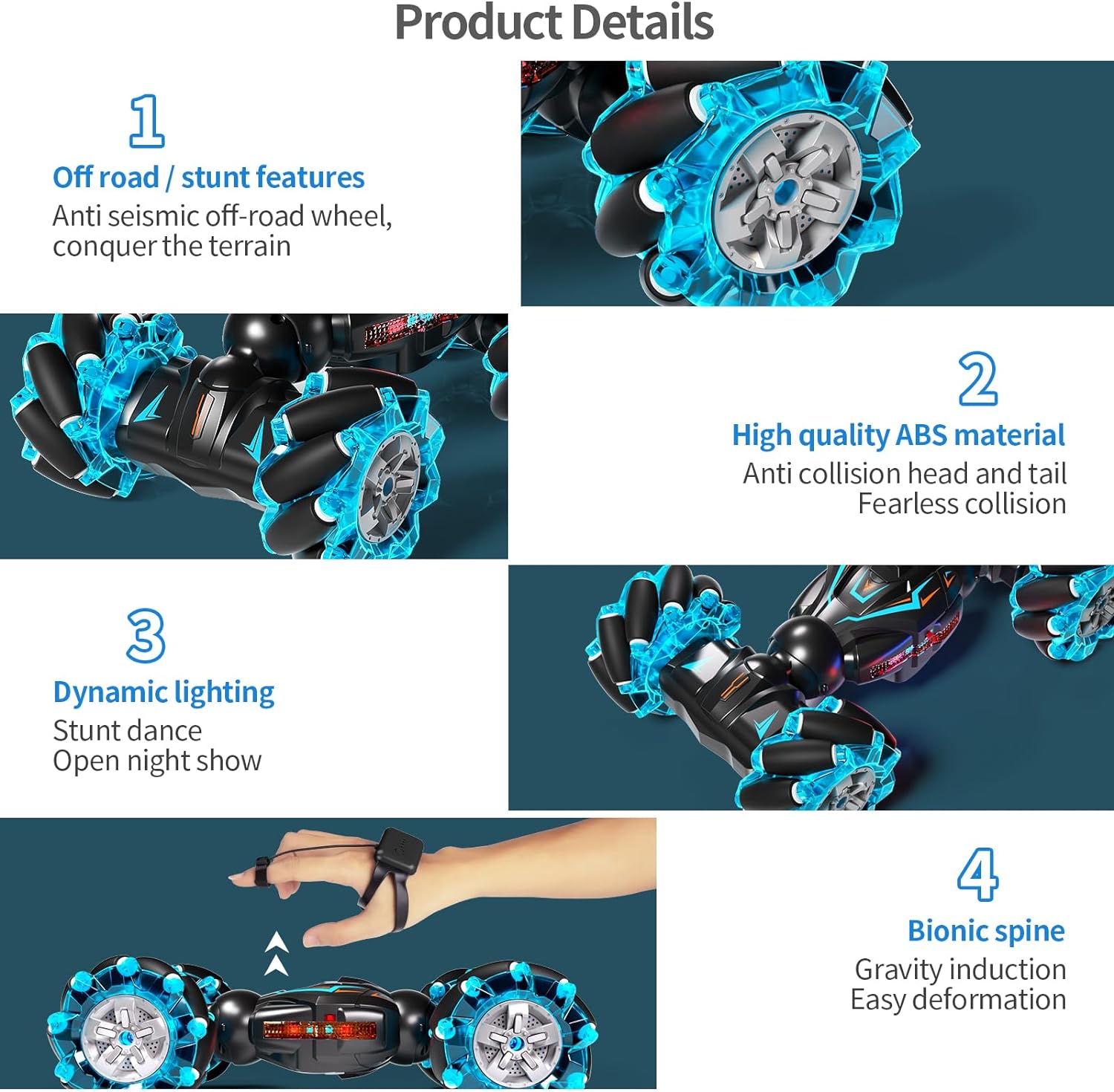 Deejoy 1:12 RC Stunt Car, 2.4GHz 4WD Remote Control Gesture Sensor Toy Cars, Double Sided Rotating Off Road Vehicle 360° Flips with Lights Music, for Boys & Girls Birthday - Image 3