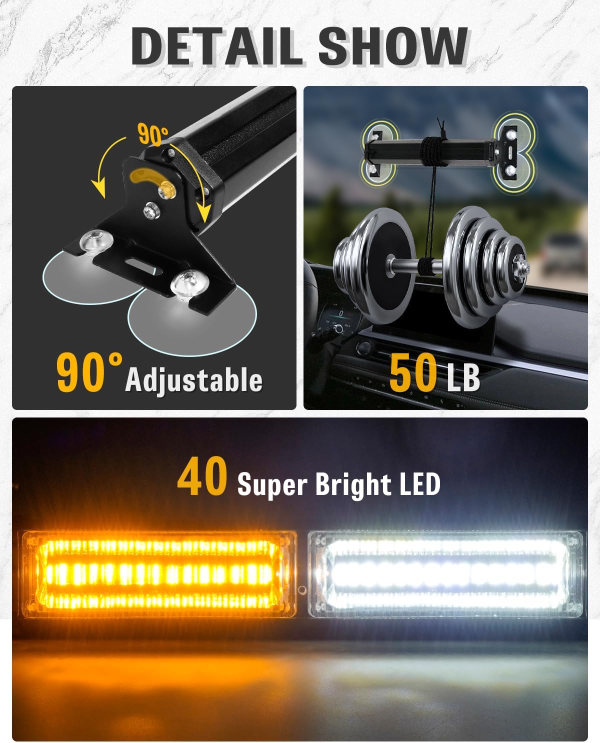 HLauto 1002L Emergency Strobe Traffic Advisor Light Bar: 40 LED Dash Safety Warning Flashing Light, Front/Rear Windshield Visor Light for Construction Vehicle, Tow/Plow Truck (2x10.7inch, Amber White) - Image 6