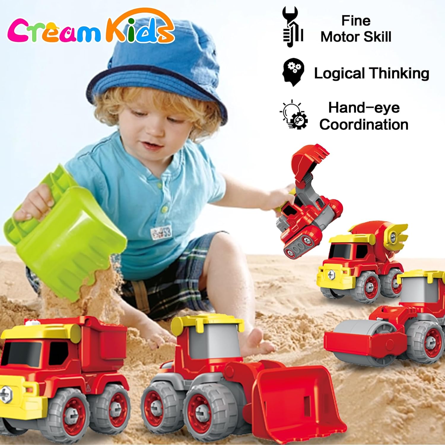 CREAMKIDS Take Apart Engineering Car Playset, 5 in 1 Robot Toys Construction Vehicles,Transform into Pterosaur Robot STEM Building Toy, Birthday for 3+ Boys Girls Toddler - Image 3