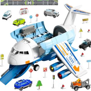 IHAHA Airplane Toys for 3 Year Old, Toy Airplane for Boys Kids Age 4-7, Large Transport Spray Aeroplane Toys with 10 Vehicle Cars, 3 4 5 6 Year Old Boy Toys