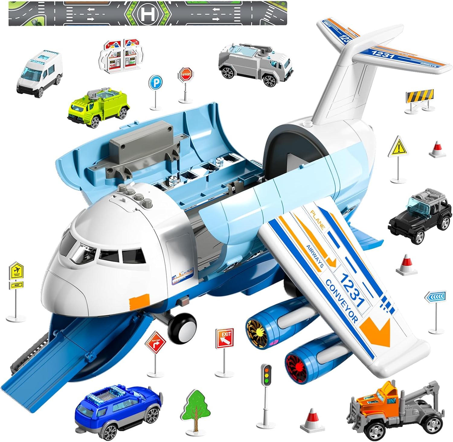 IHAHA Airplane Toys for 3 Year Old, Toy Airplane for Boys Kids Age 4-7, Large Transport Spray Aeroplane Toys with 10 Vehicle Cars, 3 4 5 6 Year Old Boy Toys