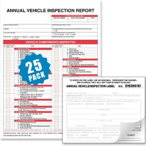 Annual Vehicle Inspection Report Form 25-pk 3-Ply Carbonless, 8.5" x 11.75" + 2-Ply Vinyl with Mylar Laminate Label 5" x 4"
