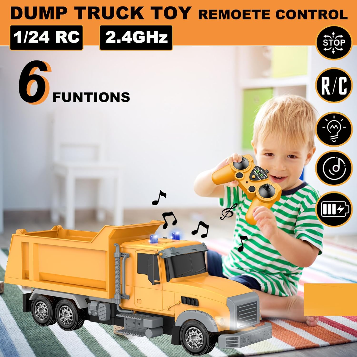 CALEST Remote Control Construction Dump Truck Toy RC Vehicle,6 Channel Truck Toys with 2 Rechargeable Batteries,1/24 Scale Dump Truck,Birthday Gifts Ideas for Boys Age 3-8 Year Old - Image 2