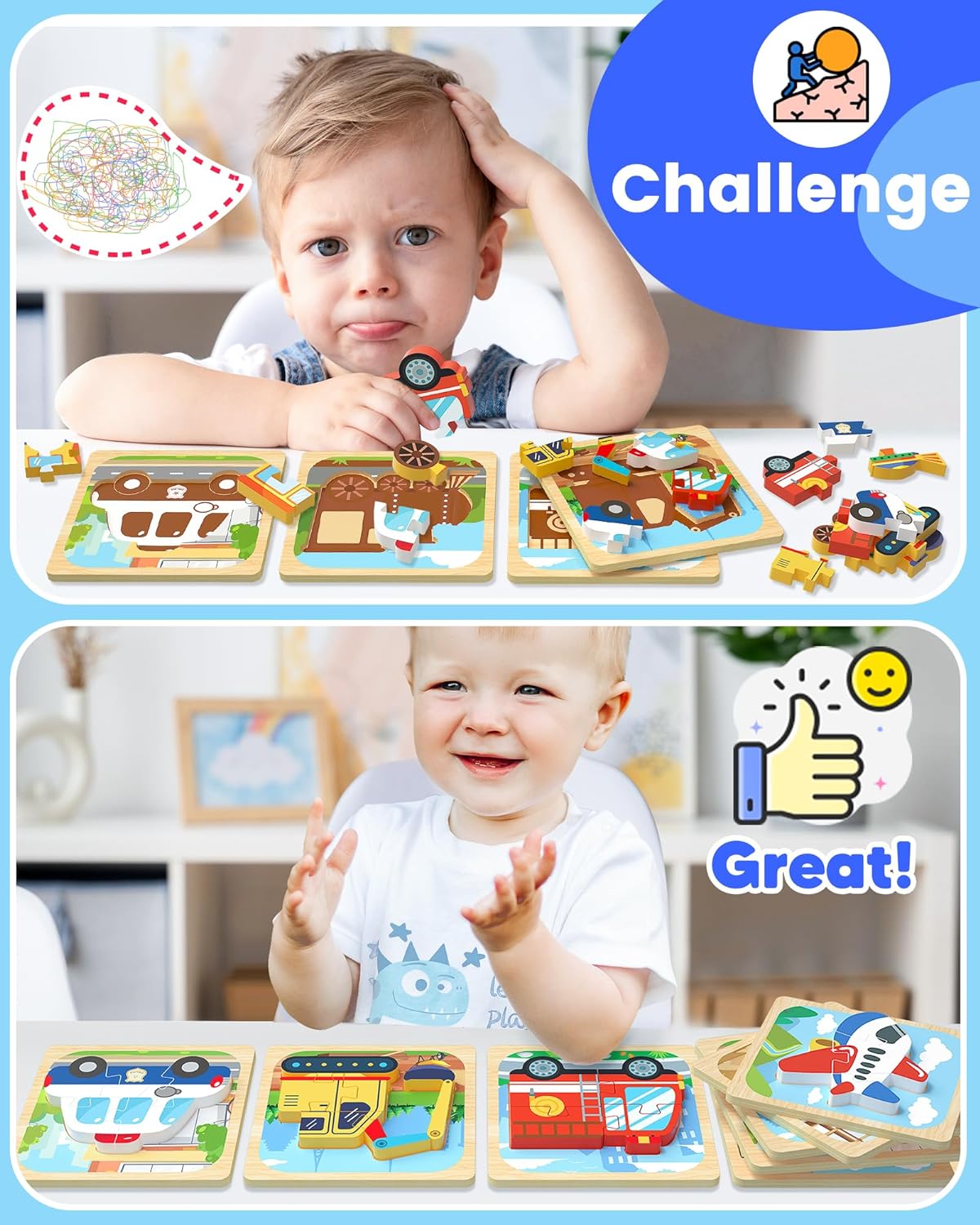 Benresive Wooden Toddler Puzzles, Montessori Toys for 1 2 3 Year Old Boys, Toys for 1 2 3 Year Old Boy Birthday Gifts, 8 Pack Vehicle Toddler Toys, Learning Educational Toys - Image 2