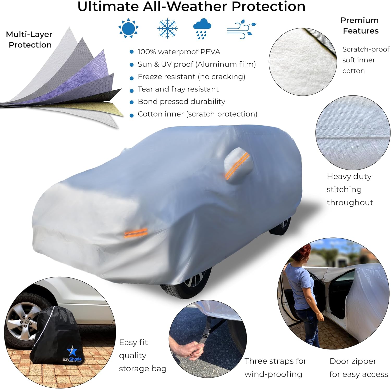 EzyShade 10-Layer SUV Car Cover Waterproof All Weather. See Vehicle Size-Chart for Accurate Fit. Outdoor Full Exterior Covers for Automobiles Heavy Duty Tarp Jeep Rav4 CRV. Size S5 (See Size Chart) - Image 2