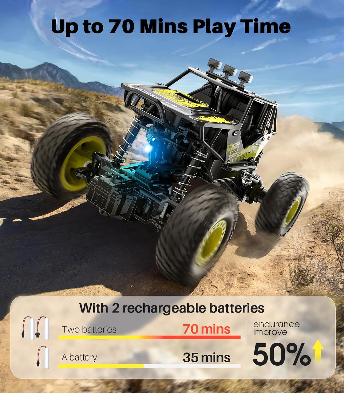 Remote Control Car, Metal RC Monster Trucks,1/20 LED 4 Channel All Terrains Off Road Vehicle 2X Rechargeable Batteries Toy Gift for Boys Girls Kids Adults - Image 3