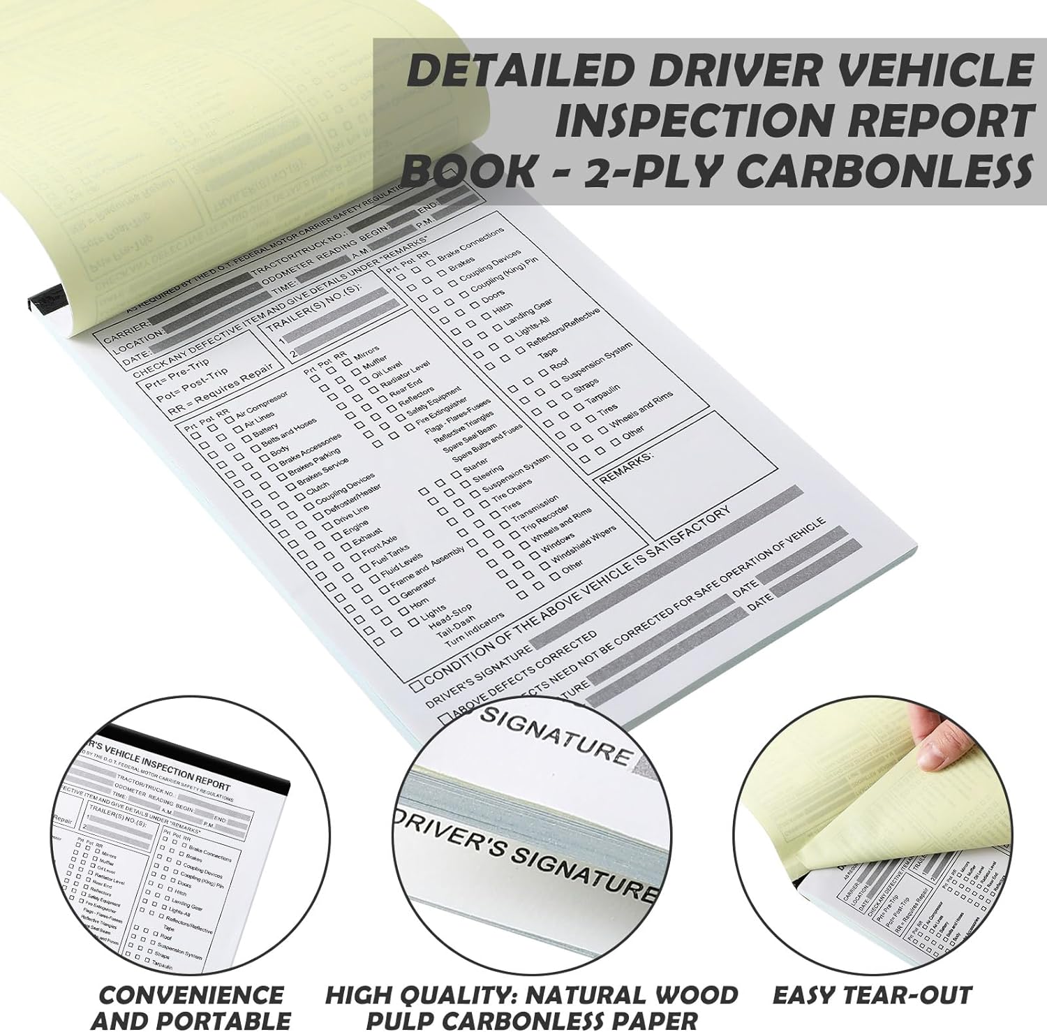 Motiskyy 5 Pack 5.5" x 8.5" Detailed Driver's Vehicle Inspection Report 31 Sets of Forms Per Book 2-ply Carbonless Detailed Daily Pre Trip Inspection Report for Drivers and Truckers - Image 3