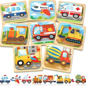 Benresive Wooden Toddler Puzzles, Montessori Toys for 1 2 3 Year Old Boys, Toys for 1 2 3 Year Old Boy Birthday Gifts, 8 Pack Vehicle Toddler Toys, Learning Educational Toys