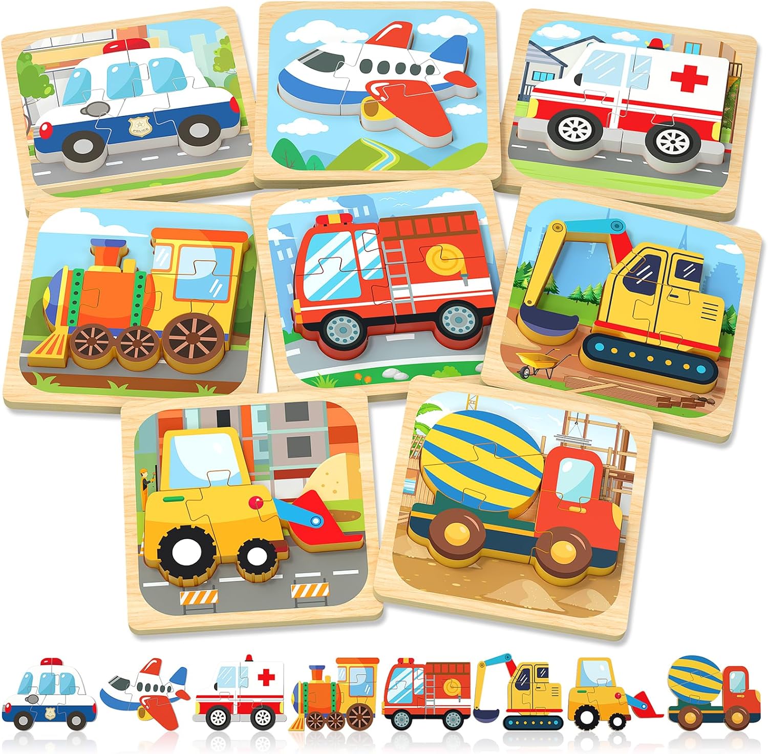 Benresive Wooden Toddler Puzzles, Montessori Toys for 1 2 3 Year Old Boys, Toys for 1 2 3 Year Old Boy Birthday Gifts, 8 Pack Vehicle Toddler Toys, Learning Educational Toys