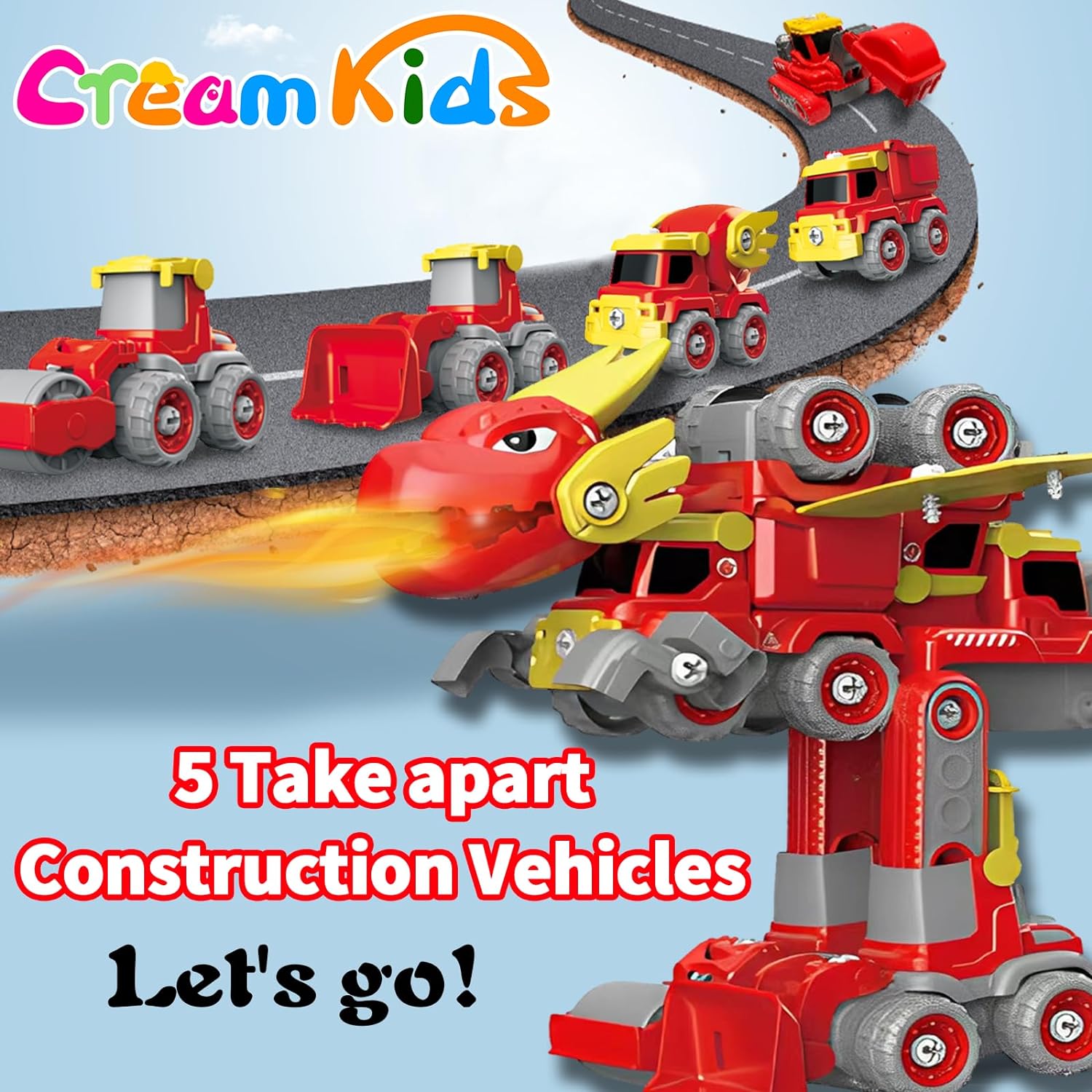 CREAMKIDS Take Apart Engineering Car Playset, 5 in 1 Robot Toys Construction Vehicles,Transform into Pterosaur Robot STEM Building Toy, Birthday for 3+ Boys Girls Toddler - Image 4