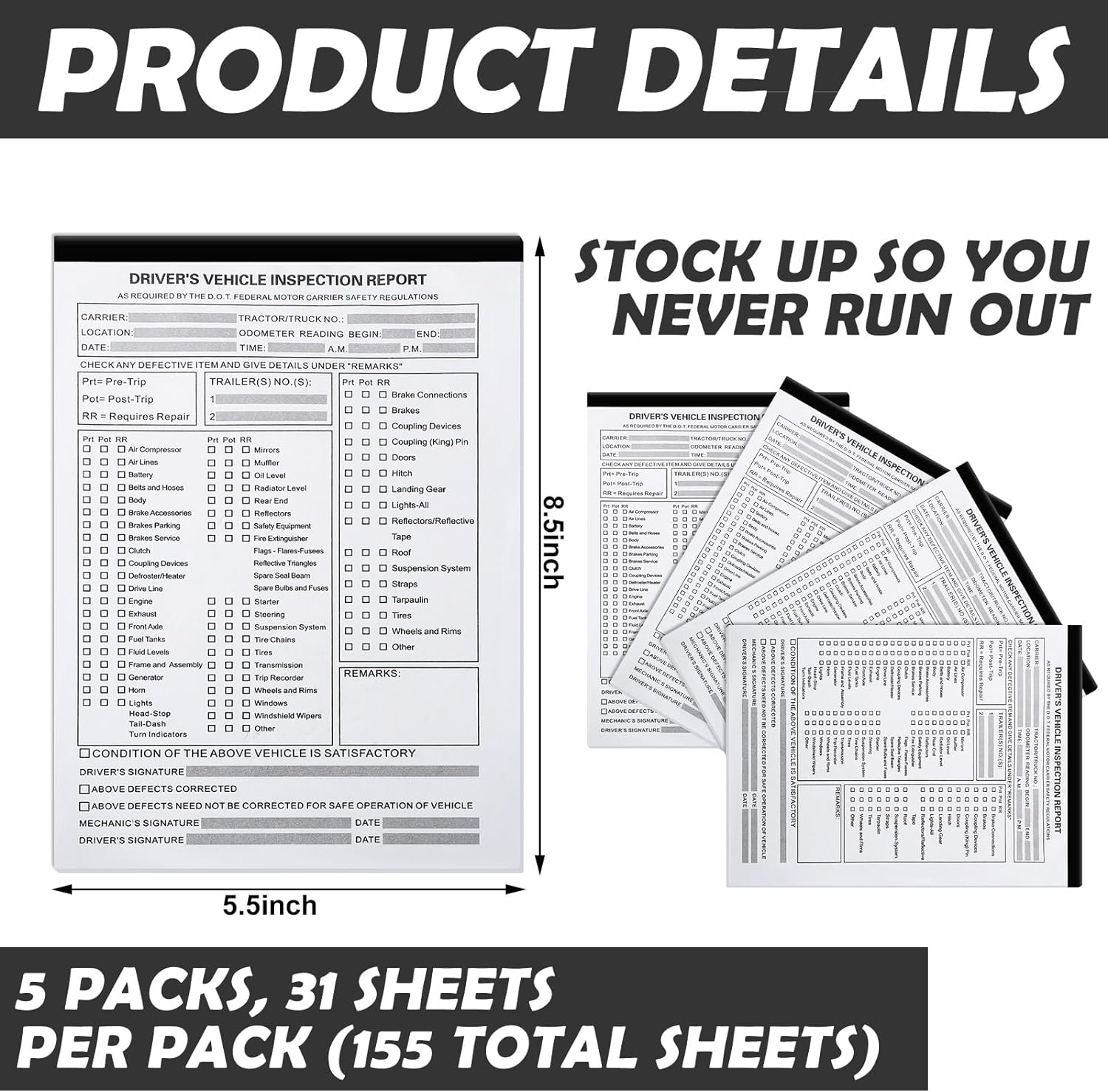 Motiskyy 5 Pack 5.5" x 8.5" Detailed Driver's Vehicle Inspection Report 31 Sets of Forms Per Book 2-ply Carbonless Detailed Daily Pre Trip Inspection Report for Drivers and Truckers - Image 2