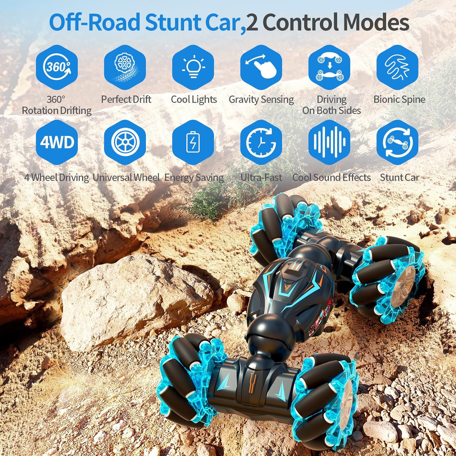 Deejoy 1:12 RC Stunt Car, 2.4GHz 4WD Remote Control Gesture Sensor Toy Cars, Double Sided Rotating Off Road Vehicle 360° Flips with Lights Music, for Boys & Girls Birthday - Image 5