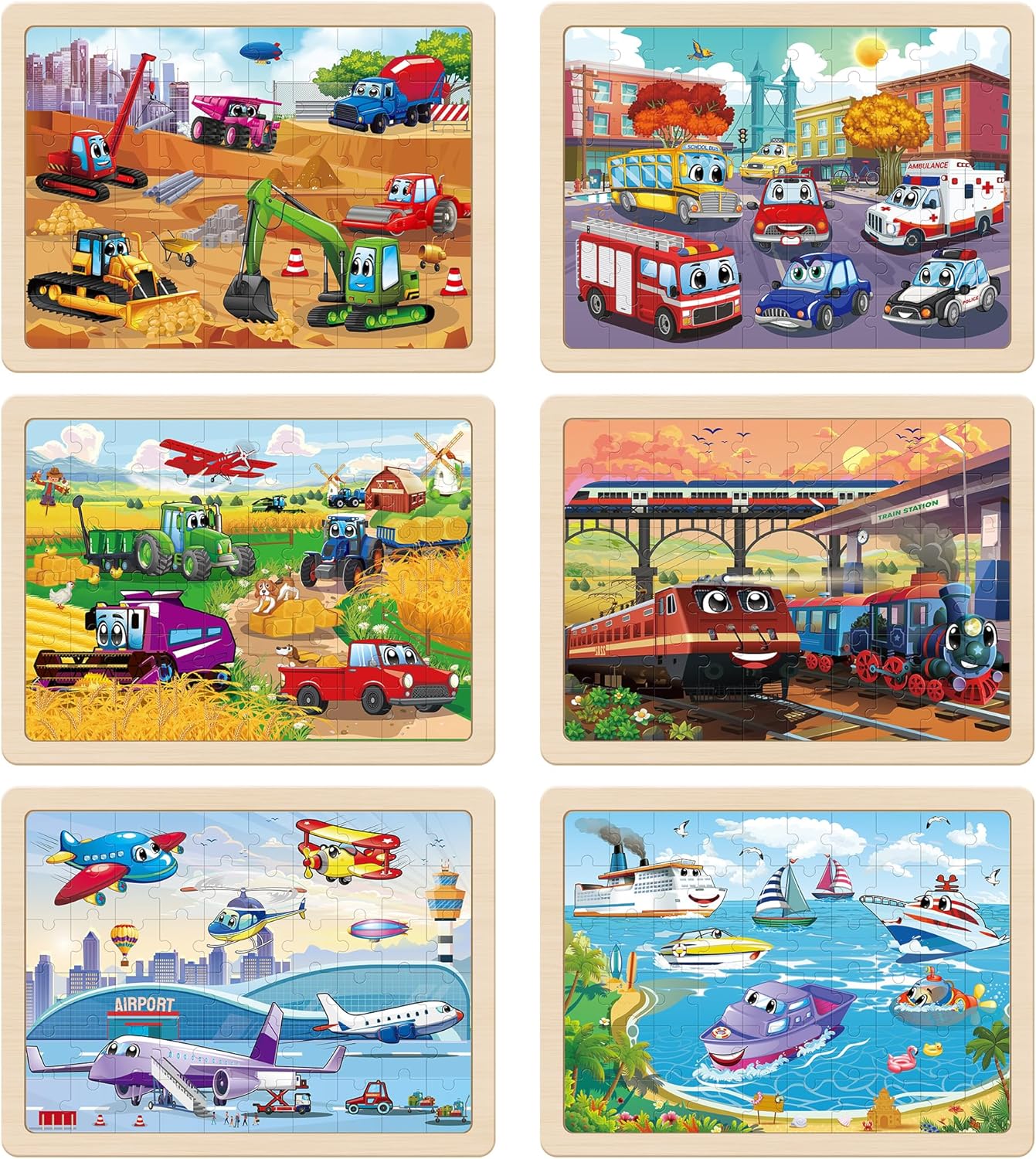 SYNARRY Wooden Vehicle Puzzles for Kids Ages 4-6, 6 Packs 60 PCs Jigsaw Puzzles Preschool Educational Toys Gifts for Children Ages 4-8, Kids Puzzles for 4+ Year Olds Boys Girls, Wood Puzzles Ages 3-10 - Image 2